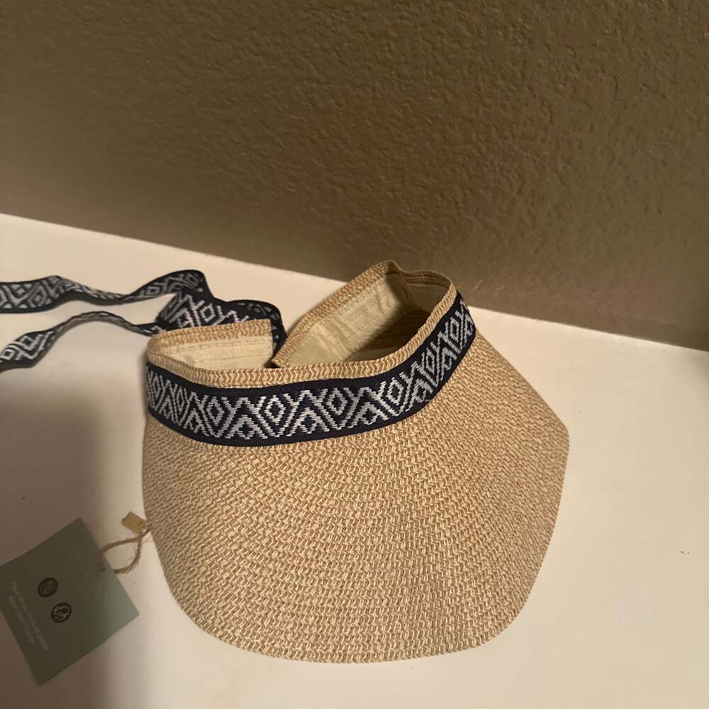 Sea & Grass NWT Straw Visor with Adjustable Navy and White Ribbon Tie